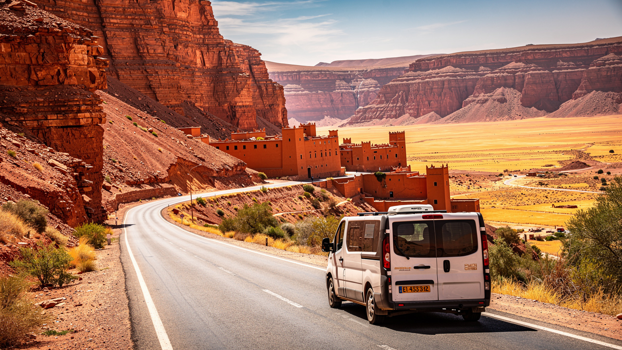 Camping-car roulant sur une route panoramique entre les gorges du Dadès et Ouarzazate, avec une kasbah en terre au loin dans un paysage marocain lumineux.