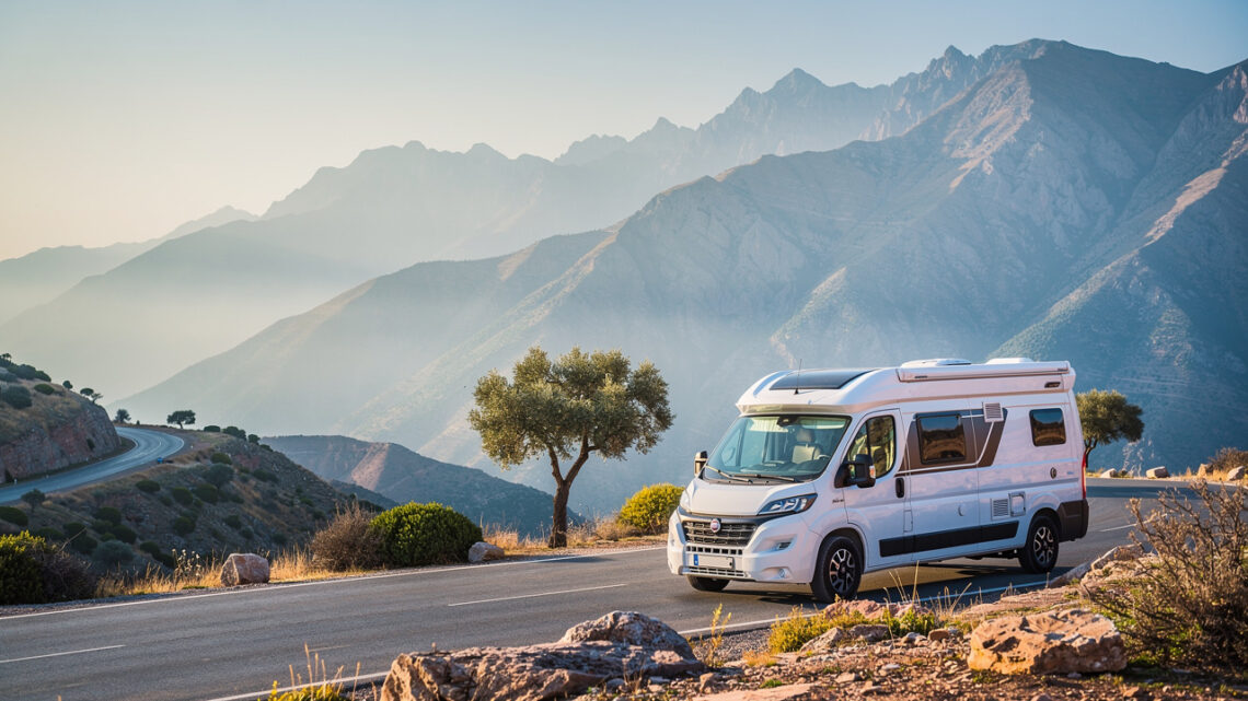 Camping-car blanc stationné face aux montagnes du Rif près de Chefchaouen, baigné par la lumière douce du matin.