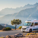 Camping-car blanc stationné face aux montagnes du Rif près de Chefchaouen, baigné par la lumière douce du matin.