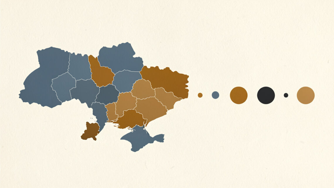 Composition éditoriale montrant la carte de l’Ukraine et ses régions, accompagnée d’une progression chronologique sobre et non légendée, dans une palette bleu, ocre et anthracite.