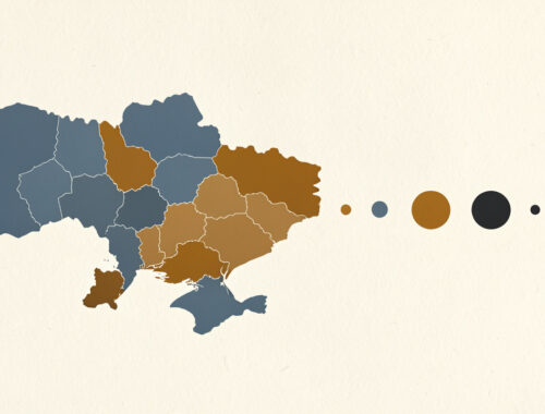 Composition éditoriale montrant la carte de l’Ukraine et ses régions, accompagnée d’une progression chronologique sobre et non légendée, dans une palette bleu, ocre et anthracite.