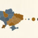 Composition éditoriale montrant la carte de l’Ukraine et ses régions, accompagnée d’une progression chronologique sobre et non légendée, dans une palette bleu, ocre et anthracite.
