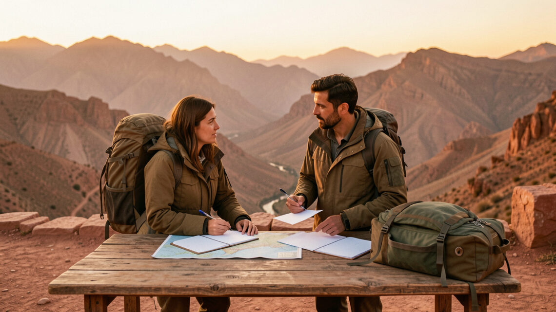 Deux voyageurs préparent des documents de voyage vierges et des bagages devant un paysage montagneux marocain illuminé par le coucher du soleil.