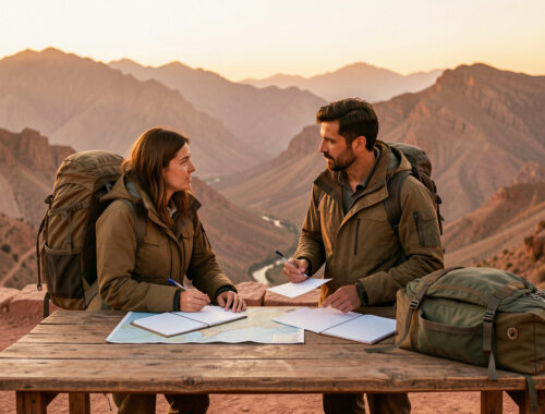 Deux voyageurs préparent des documents de voyage vierges et des bagages devant un paysage montagneux marocain illuminé par le coucher du soleil.