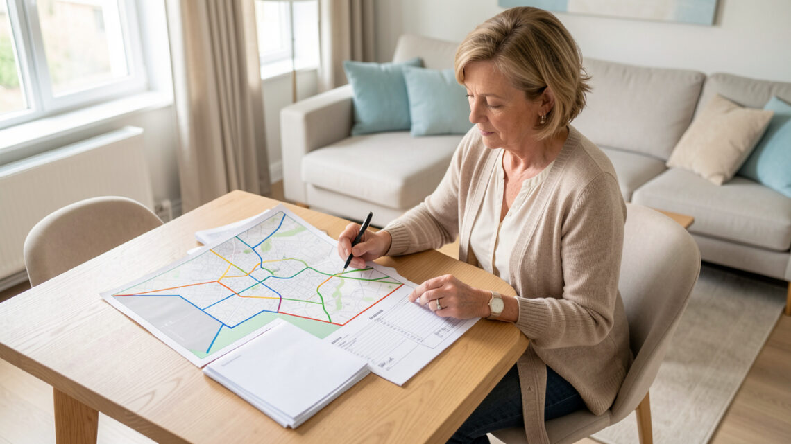 Une femme propriétaire consulte une carte abstraite du périmètre du permis de louer et un dossier de location posé sur une table, dans un intérieur lumineux.