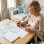 Quelle démarche choisir pour le permis de louer sans retarder sa location ? Une femme propriétaire consulte une carte abstraite du périmètre du permis de louer et un dossier de location posé sur une table, dans un intérieur lumineux.