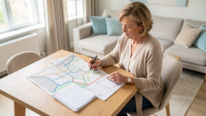 Une femme propriétaire consulte une carte abstraite du périmètre du permis de louer et un dossier de location posé sur une table, dans un intérieur lumineux.