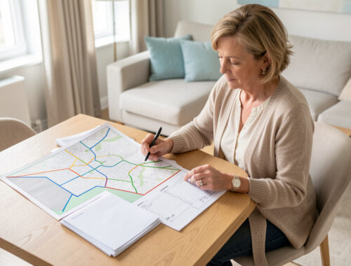 Une femme propriétaire consulte une carte abstraite du périmètre du permis de louer et un dossier de location posé sur une table, dans un intérieur lumineux.