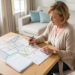 Une femme propriétaire consulte une carte abstraite du périmètre du permis de louer et un dossier de location posé sur une table, dans un intérieur lumineux.