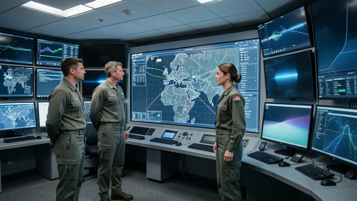 Centre de commandement militaire contemporain avec trois officiers observant une carte numérique et des écrans abstraits dans une ambiance documentaire sobre.