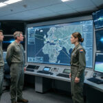 Centre de commandement militaire contemporain avec trois officiers observant une carte numérique et des écrans abstraits dans une ambiance documentaire sobre.