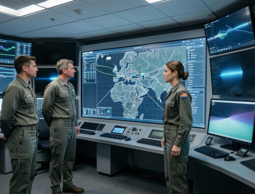 Centre de commandement militaire contemporain avec trois officiers observant une carte numérique et des écrans abstraits dans une ambiance documentaire sobre.