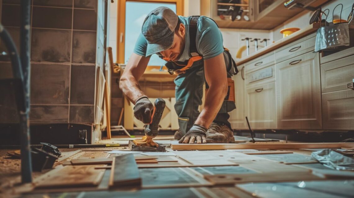 Pose de lames de parquet dans une cuisine lumineuse