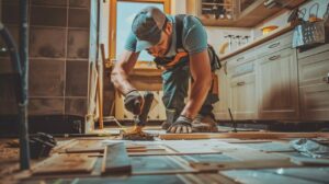 Pose de lames de parquet dans une cuisine lumineuse