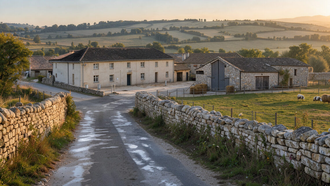 Village rural de l’Aveyron au lever du jour, avec une école communale, une ferme d’élevage et des équipements publics rénovés dans un paysage vallonné.