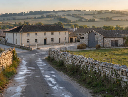 Village rural de l’Aveyron au lever du jour, avec une école communale, une ferme d’élevage et des équipements publics rénovés dans un paysage vallonné.